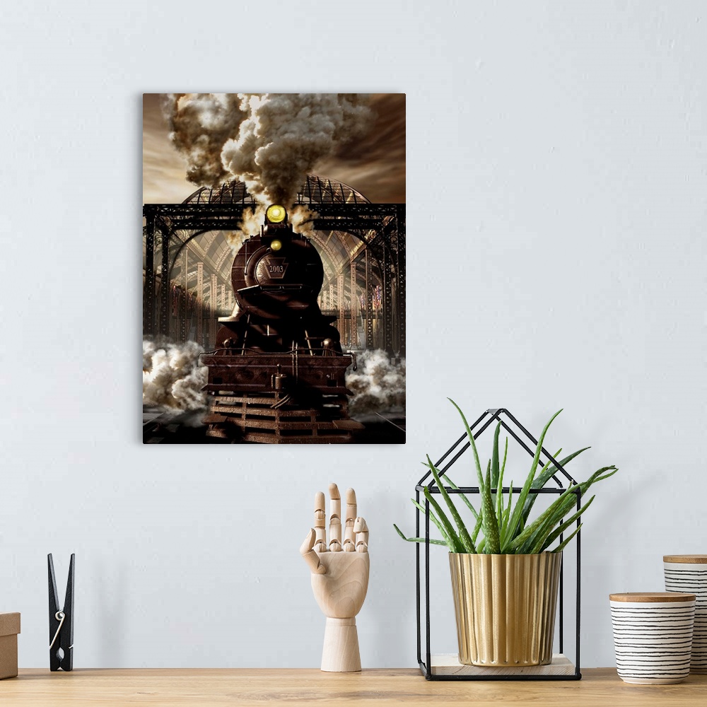 A bohemian room featuring Industrial age of steam engine.