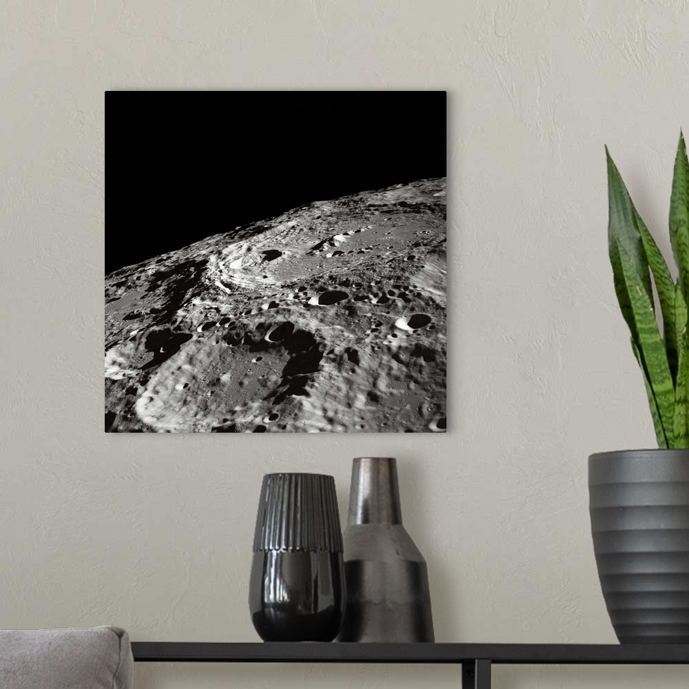 A modern room featuring International Astronomical Union Crater 302 on the lunar surface