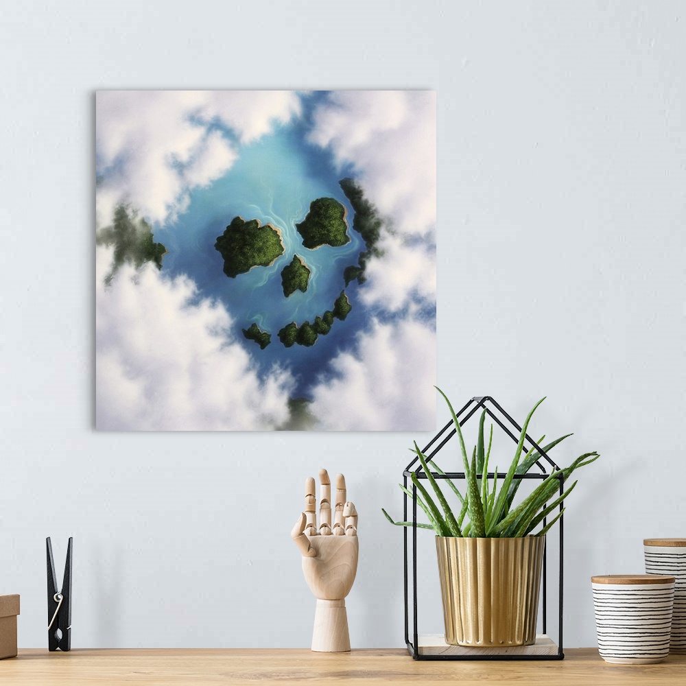 A bohemian room featuring Islands framed by clouds forming a skull.