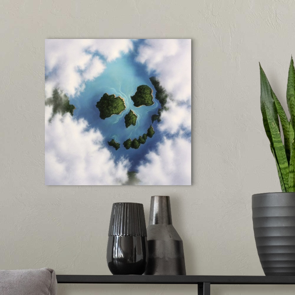 A modern room featuring Islands framed by clouds forming a skull.