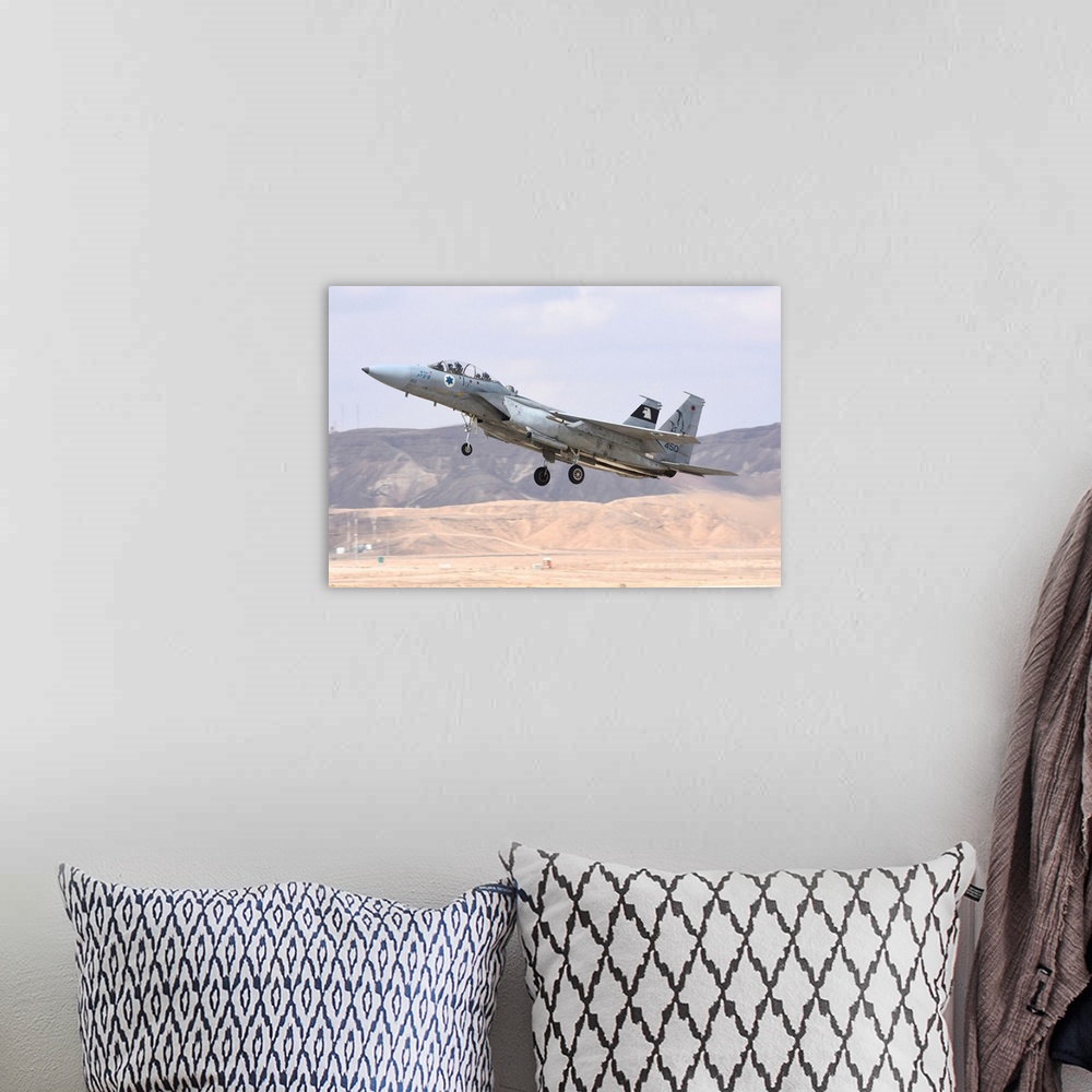 A bohemian room featuring Israeli Air Force F-15B Baz taking off from Ovda Air Base, Israel.