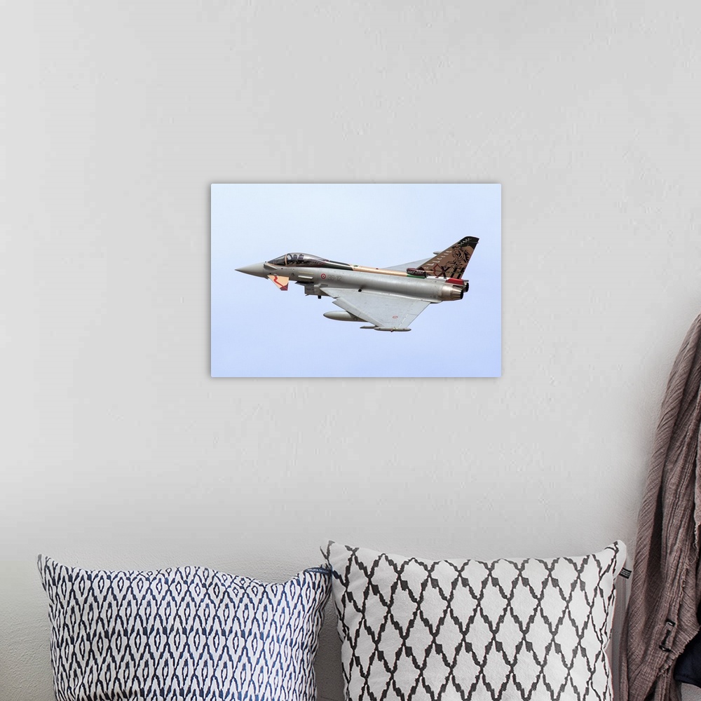 A bohemian room featuring Italian Air Force F-2000A Typhoon taking off.