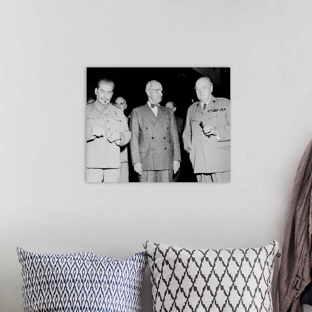 A bohemian room featuring Vintage World War II photo of Premier Joseph Stalin, President Harry Truman, and Prime Minister W...