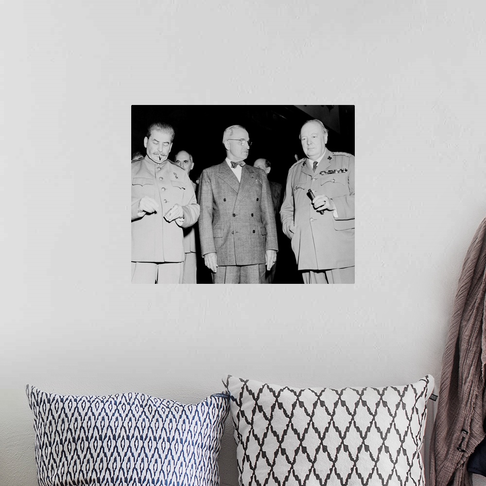 A bohemian room featuring Vintage World War II photo of Premier Joseph Stalin, President Harry Truman, and Prime Minister W...