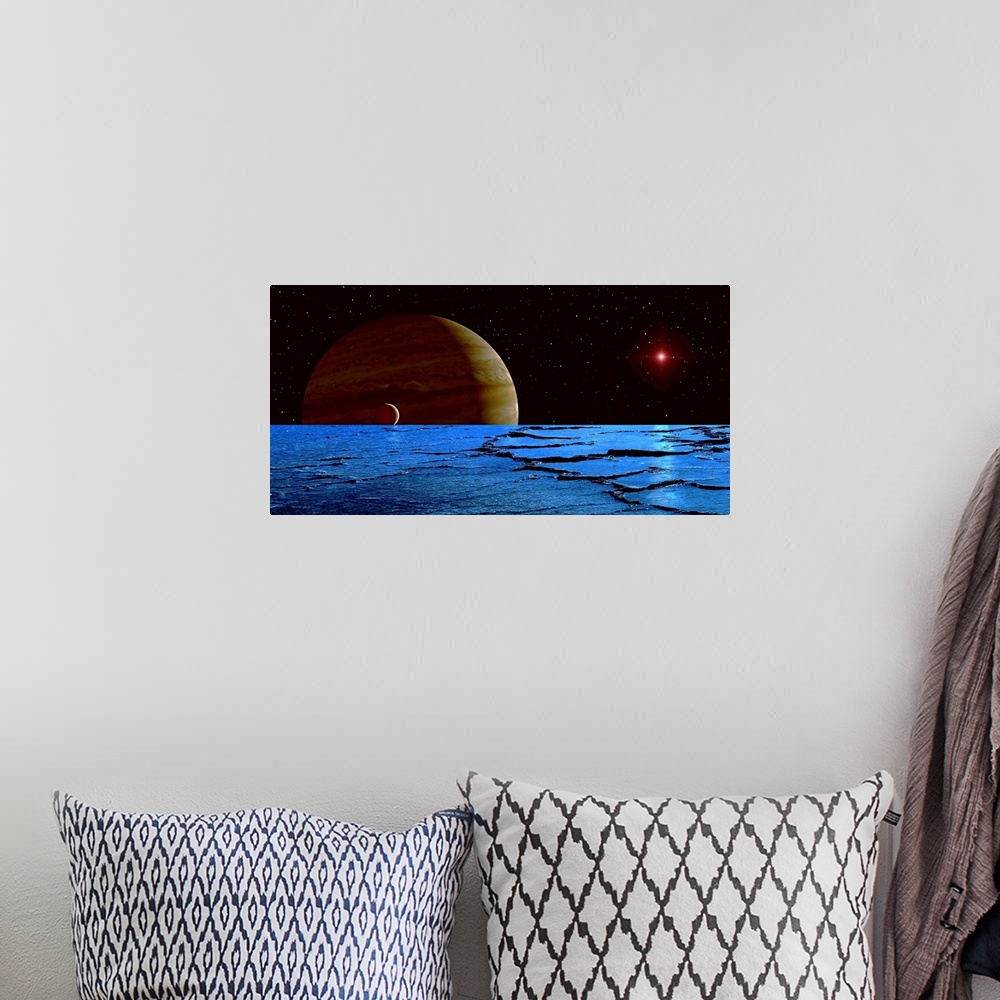 A bohemian room featuring Panoramic photograph of an orbiting body's surface with it's moon and planet in the distance, wit...