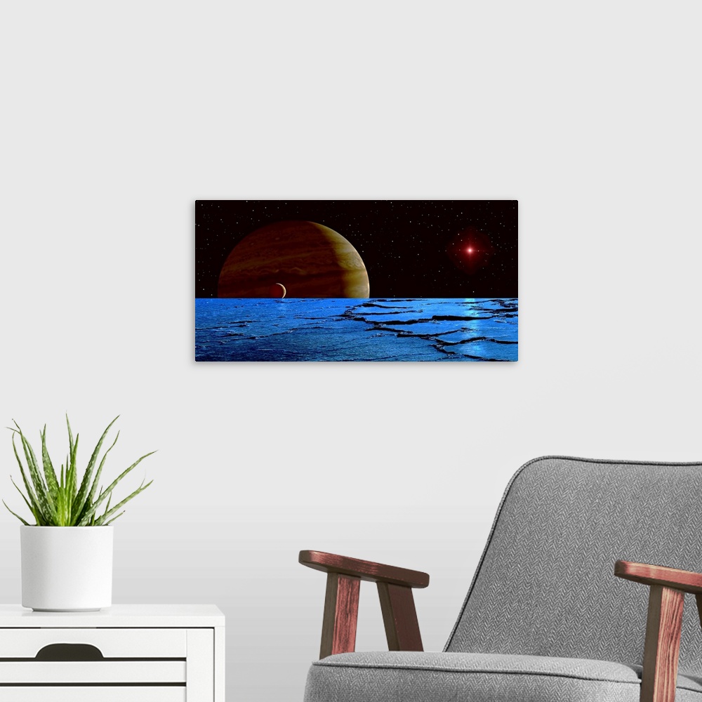 A modern room featuring Panoramic photograph of an orbiting body's surface with it's moon and planet in the distance, wit...
