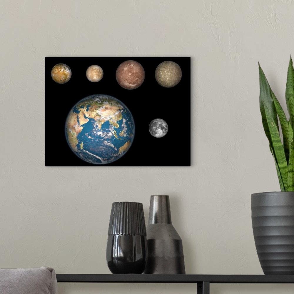 A modern room featuring Artist's concept of Jupiter's four largest satellites laid out above the Earth and it's moon.