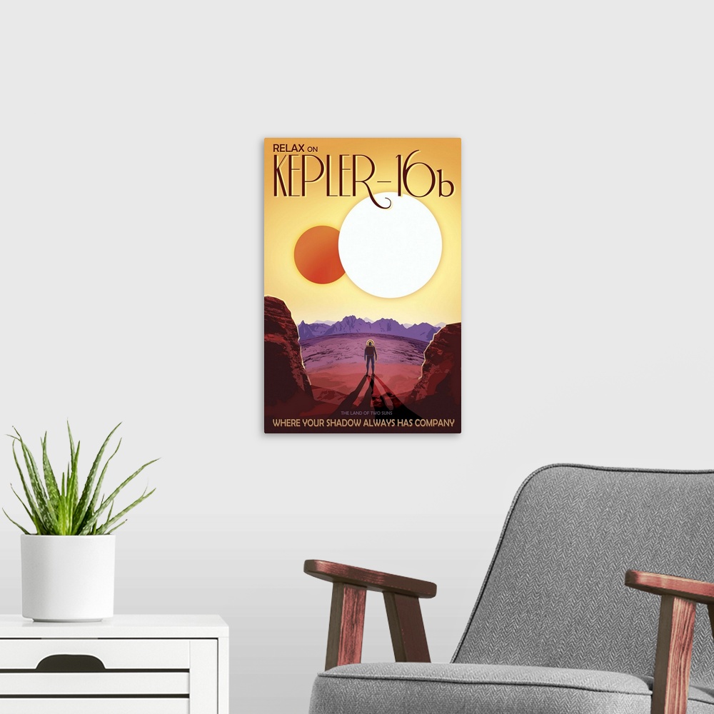 A modern room featuring Kepler-16b orbits a pair of stars. Depicted here as a terrestrial planet, Kepler-16b might also b...