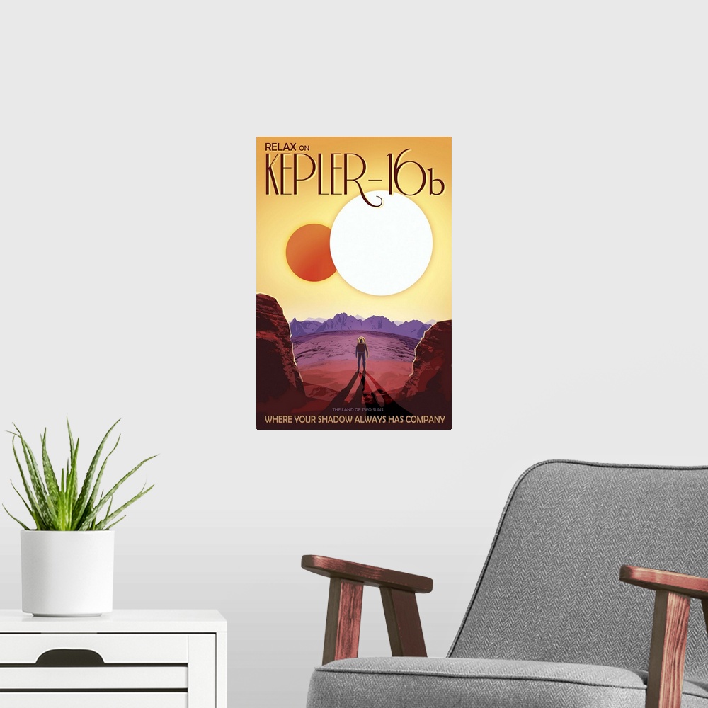 A modern room featuring Kepler-16b orbits a pair of stars. Depicted here as a terrestrial planet, Kepler-16b might also b...