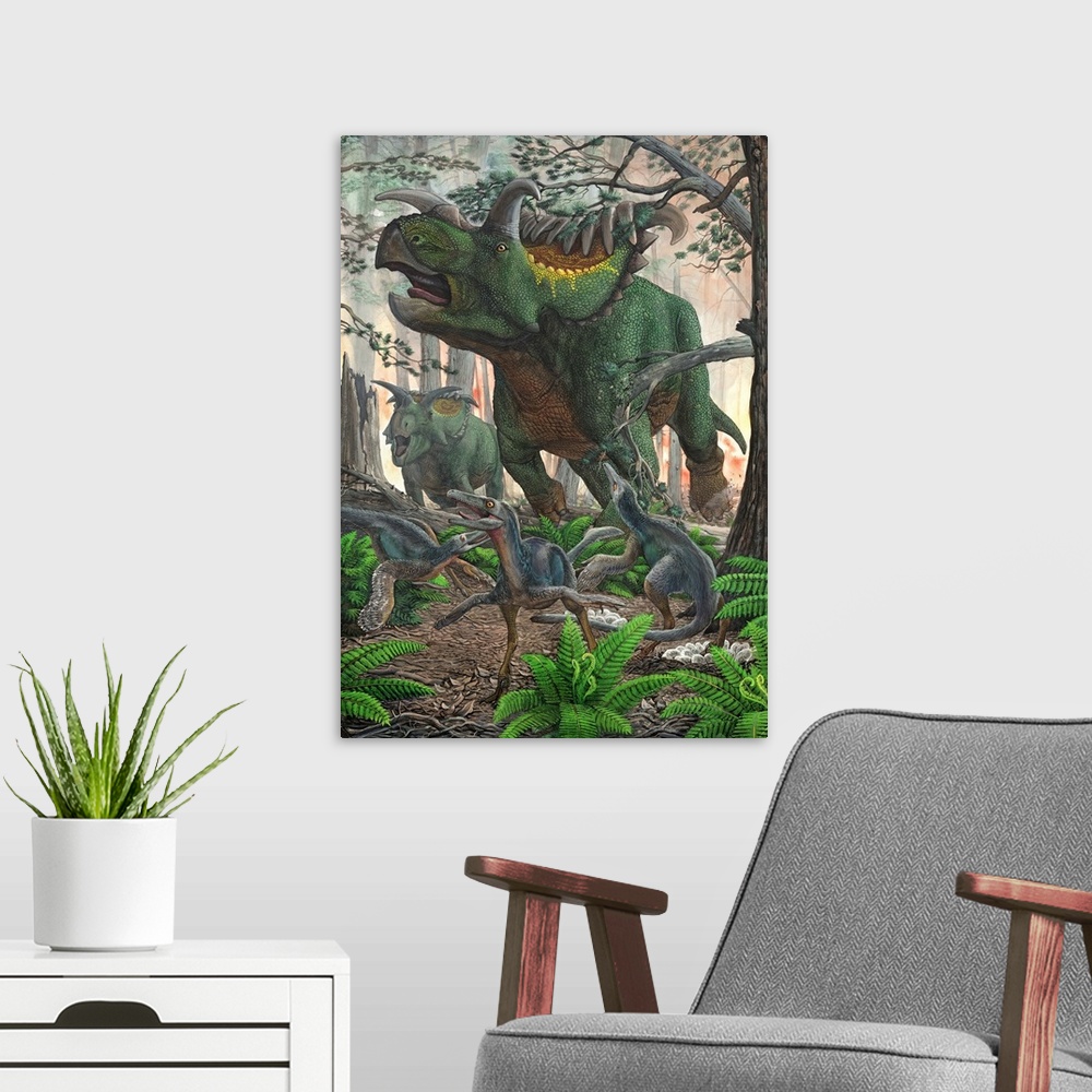 A modern room featuring Kosmoceratops tramples over nesting Talos dinosaurs while fleeing from a forest fire.