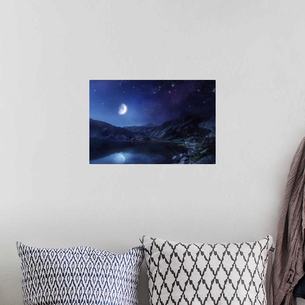 A bohemian room featuring Lake and mountains at night against moon and starry sky, Pirin National Park, Bulgaria..