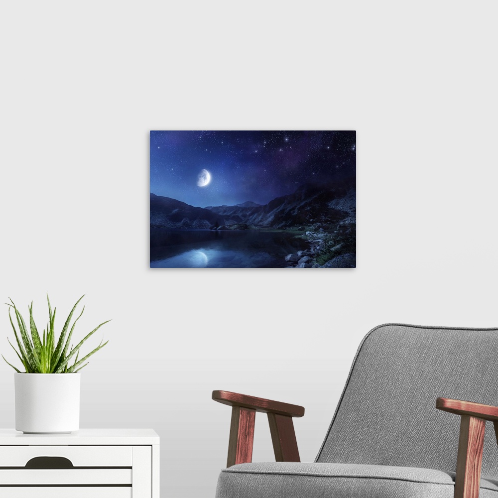 A modern room featuring Lake and mountains at night against moon and starry sky, Pirin National Park, Bulgaria..