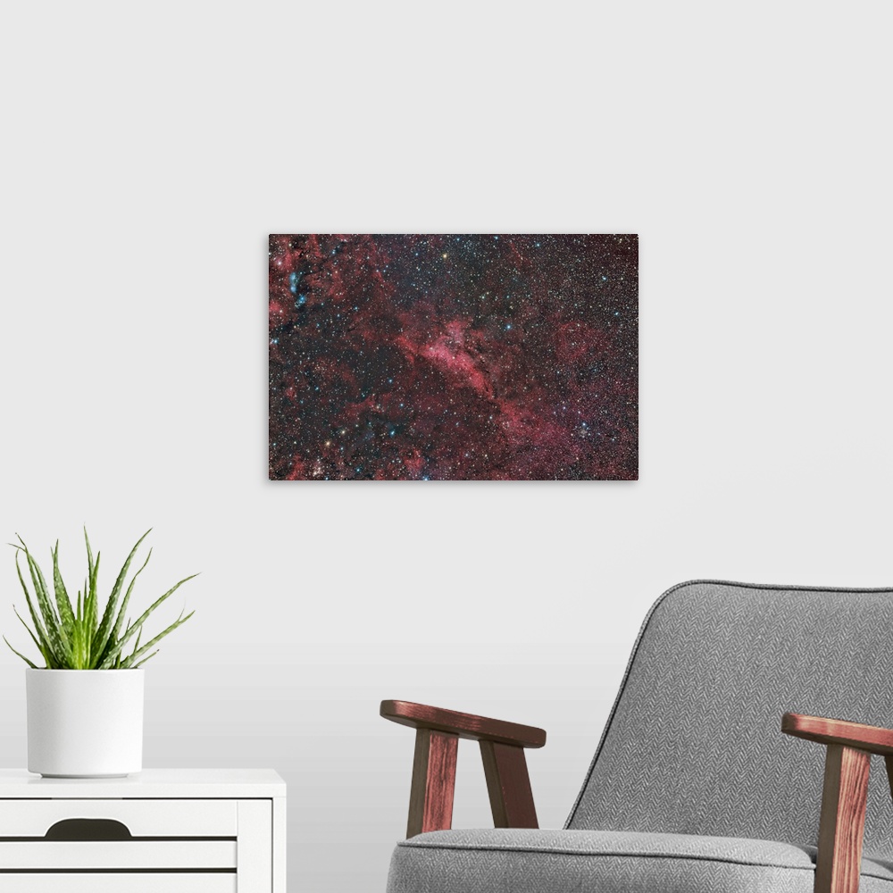 A modern room featuring LBN 251 emission and reflection nebula in the constellation Cygnus.