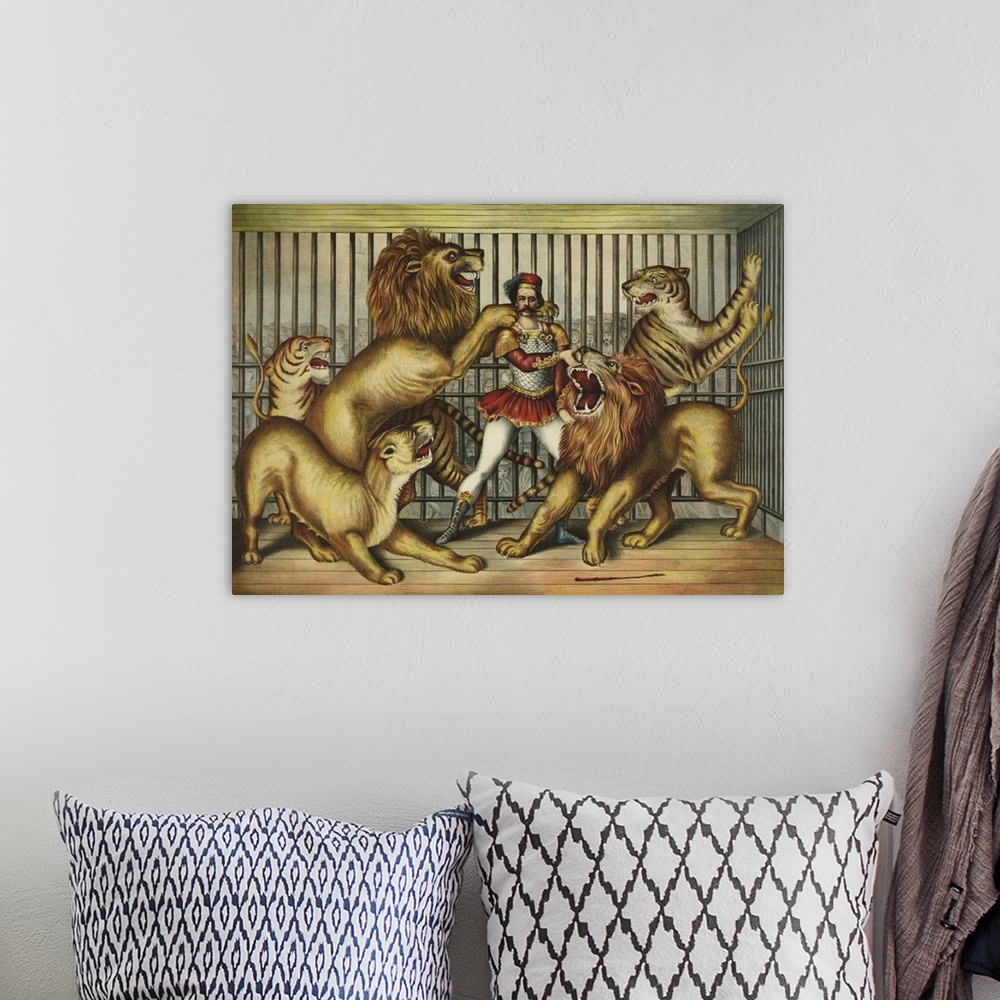 A bohemian room featuring Lion Tamer In Cage With Two Lions, A Lioness, And Two Tigers