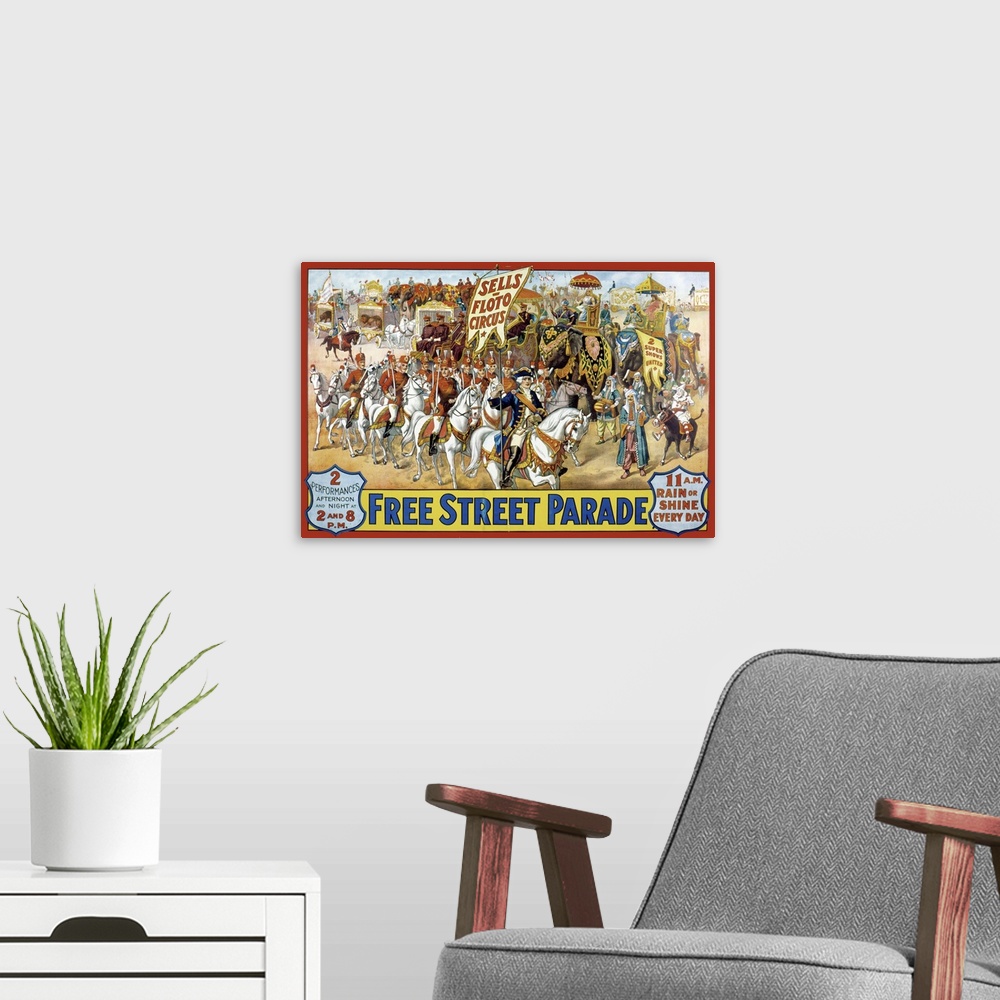 A modern room featuring Lithograph Poster Advertising The Upcoming Street Parade Of The Sells-Floto Circus