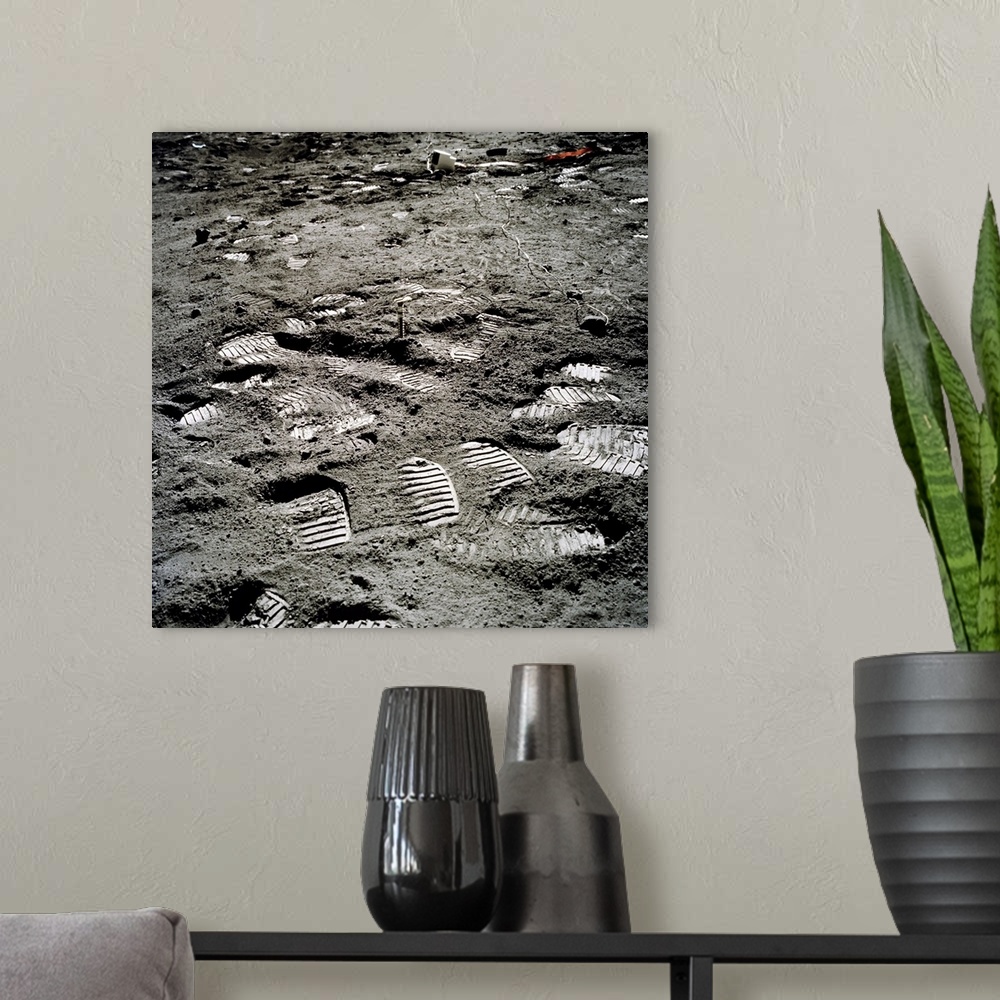 A modern room featuring Lunar foot prints on the moon