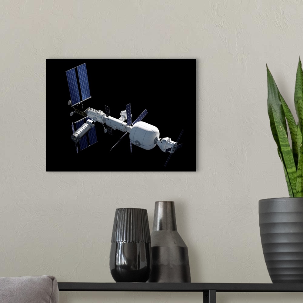 A modern room featuring Lunar Gateway space station concept, complete view.