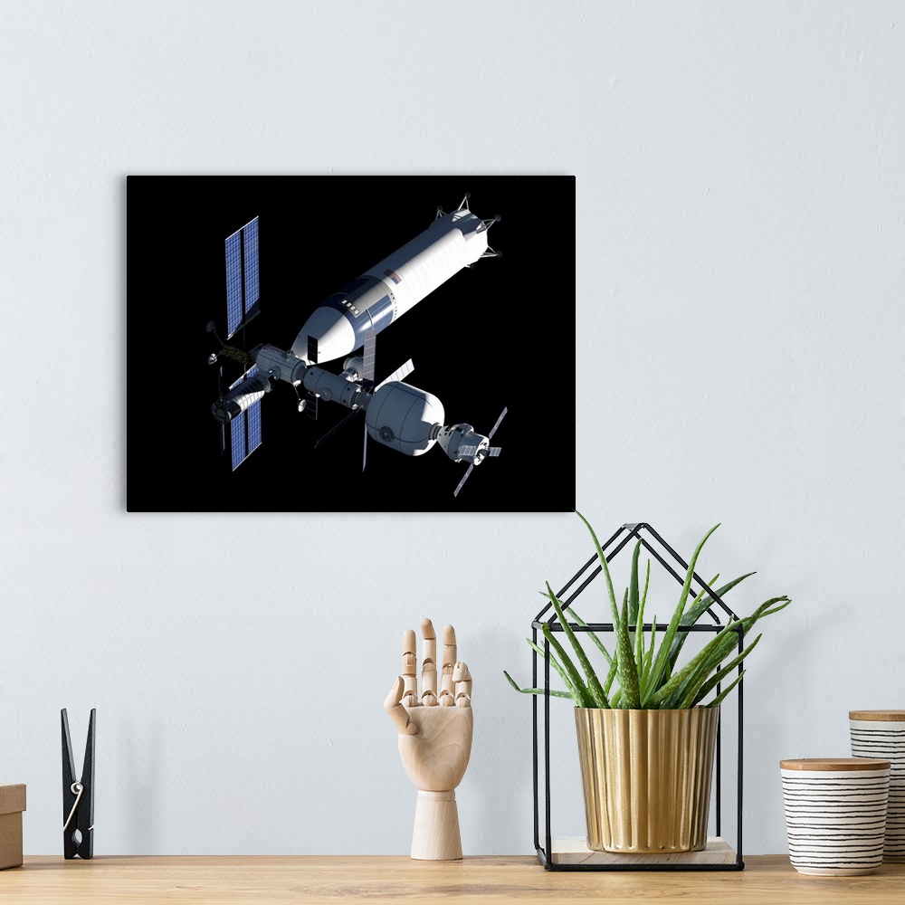 A bohemian room featuring Lunar Gateway space station concept, with SpaceX Lunar Starship.