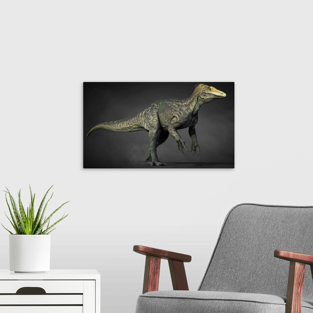 A modern room featuring Maip macrothorax dinosaur.