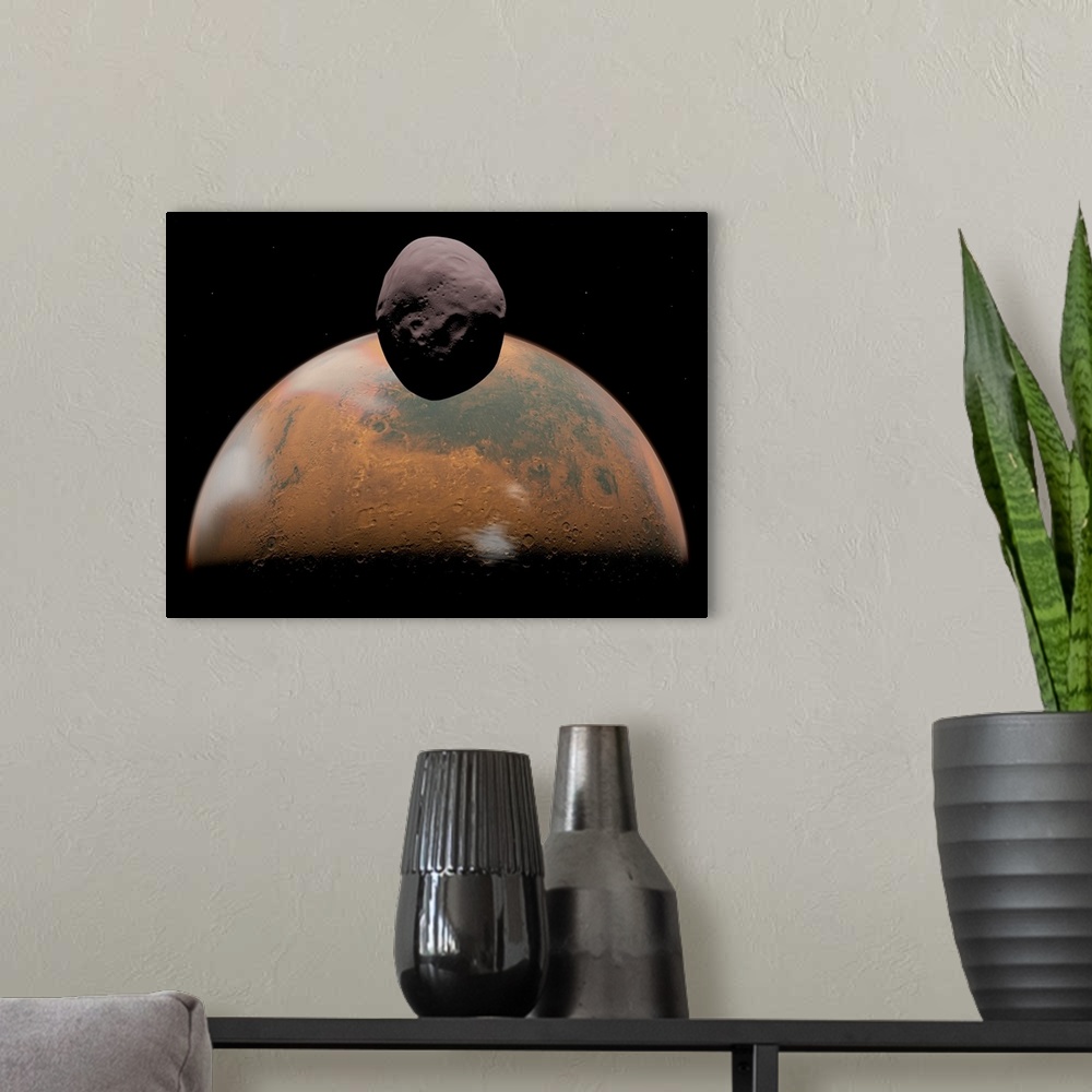 A modern room featuring Artist's concept of Mars and its tiny moon Phobos.