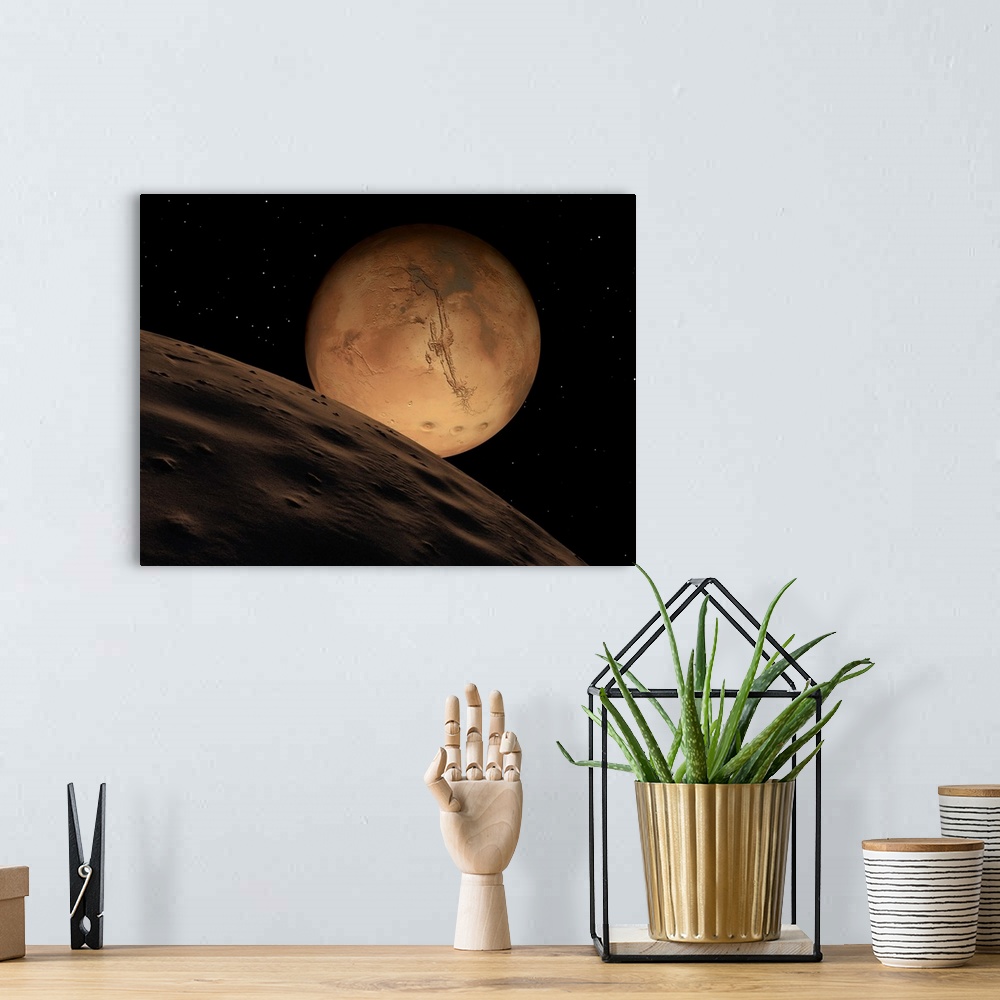 A bohemian room featuring Mars seen from its outer moon, Deimos.