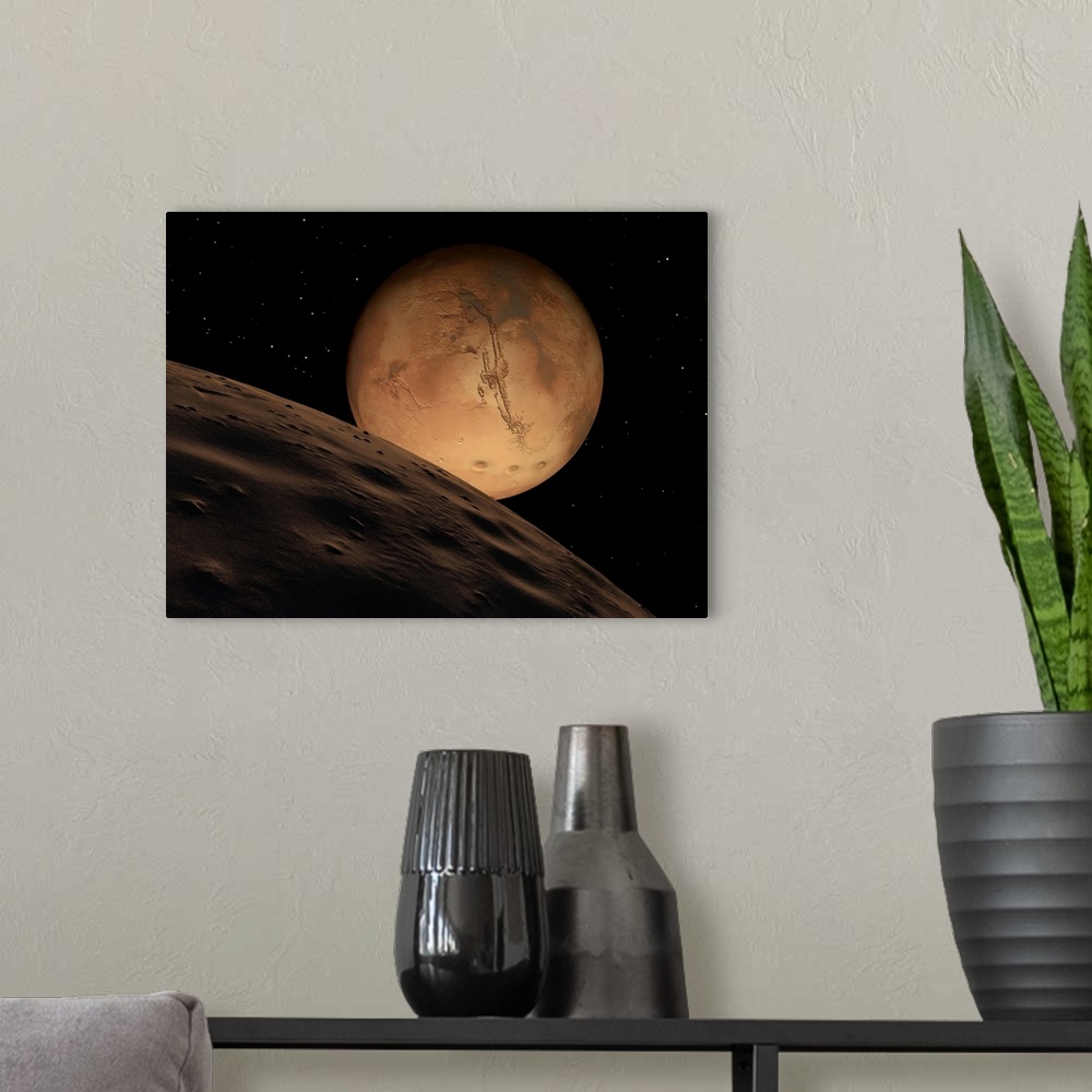 A modern room featuring Mars seen from its outer moon, Deimos.