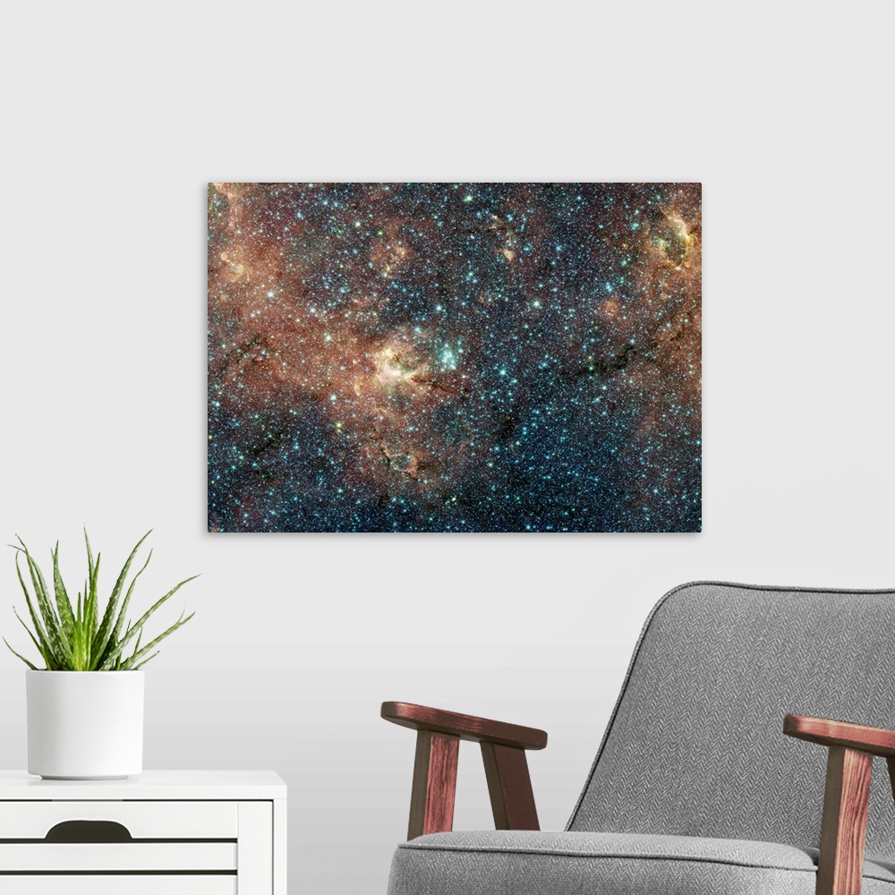 A modern room featuring Thousands of bright stars glowing in outer space.