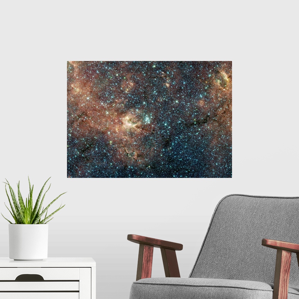 A modern room featuring Thousands of bright stars glowing in outer space.