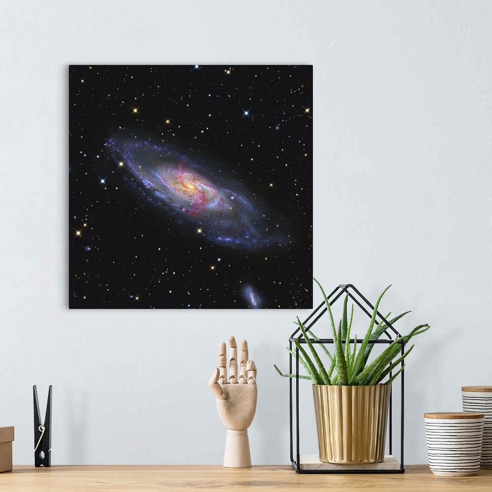 A bohemian room featuring Messier 106 a spiral galaxy with an active supermassive black hole
