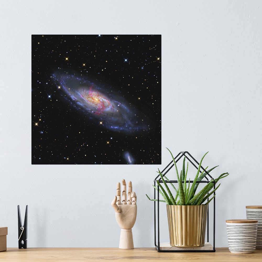 A bohemian room featuring Messier 106 a spiral galaxy with an active supermassive black hole