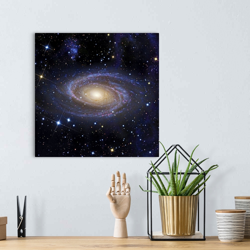 A bohemian room featuring This square artwork shows an artistos rendering of a galaxy against a stellar backdrop.