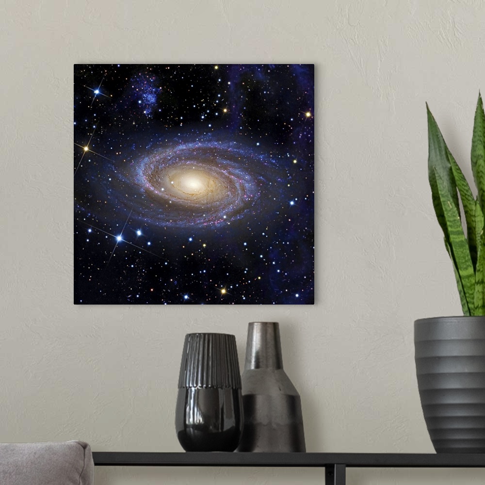 A modern room featuring This square artwork shows an artistos rendering of a galaxy against a stellar backdrop.
