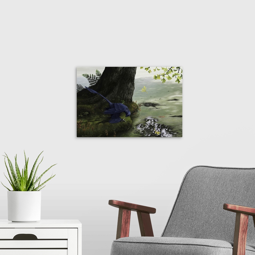 A modern room featuring Microraptor gui, a small four-winged dromaeosaur, eating a small fish. ..was recently found in Xi...