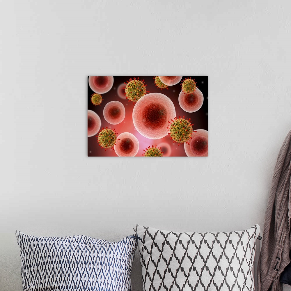 A bohemian room featuring Microscopic view of cell and virus.