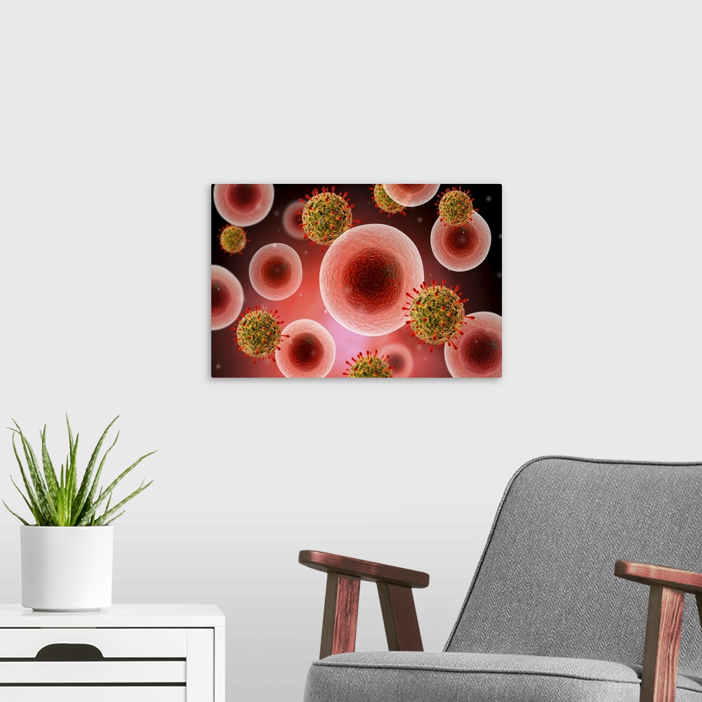 A modern room featuring Microscopic view of cell and virus.