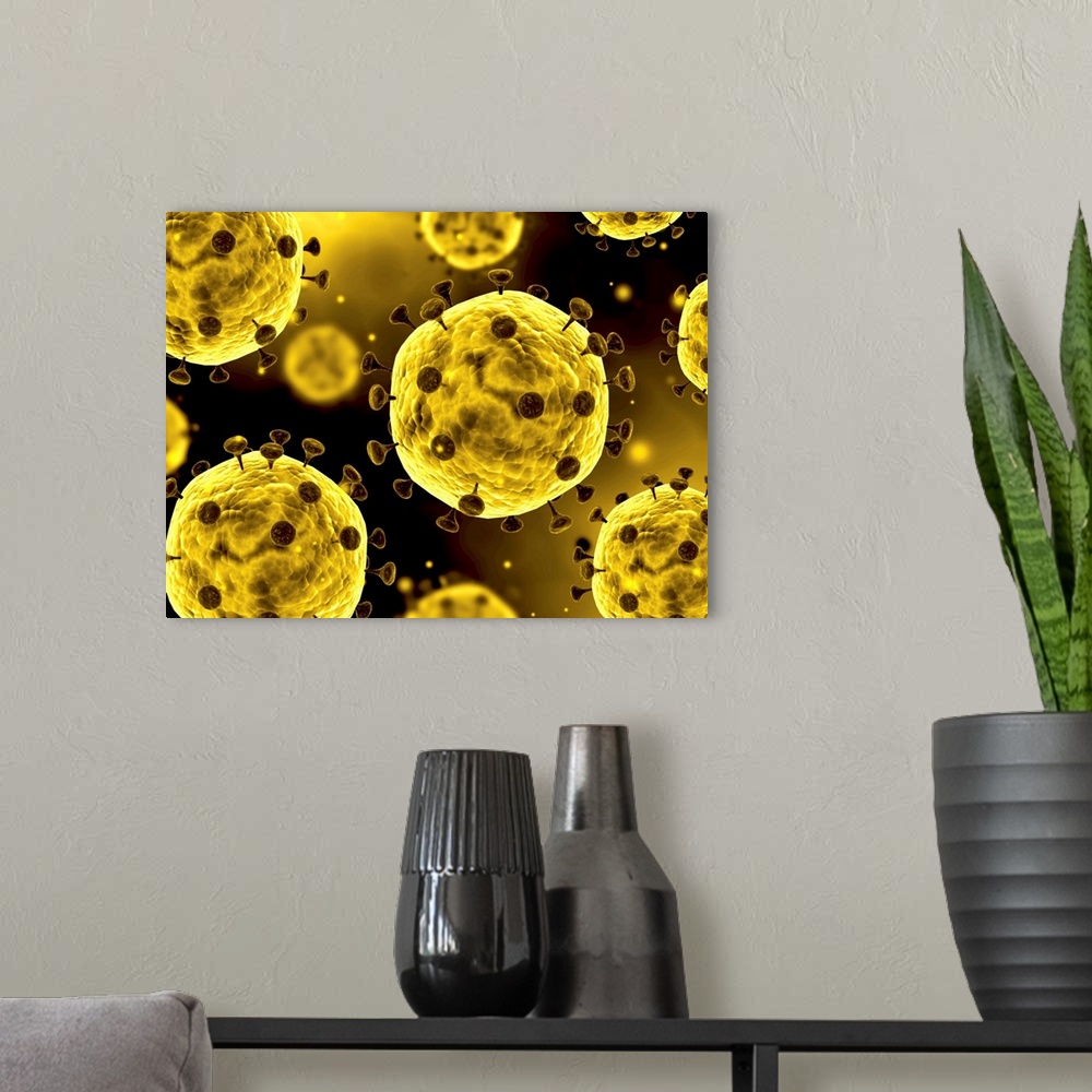 A modern room featuring Microscopic view of coronavirus.