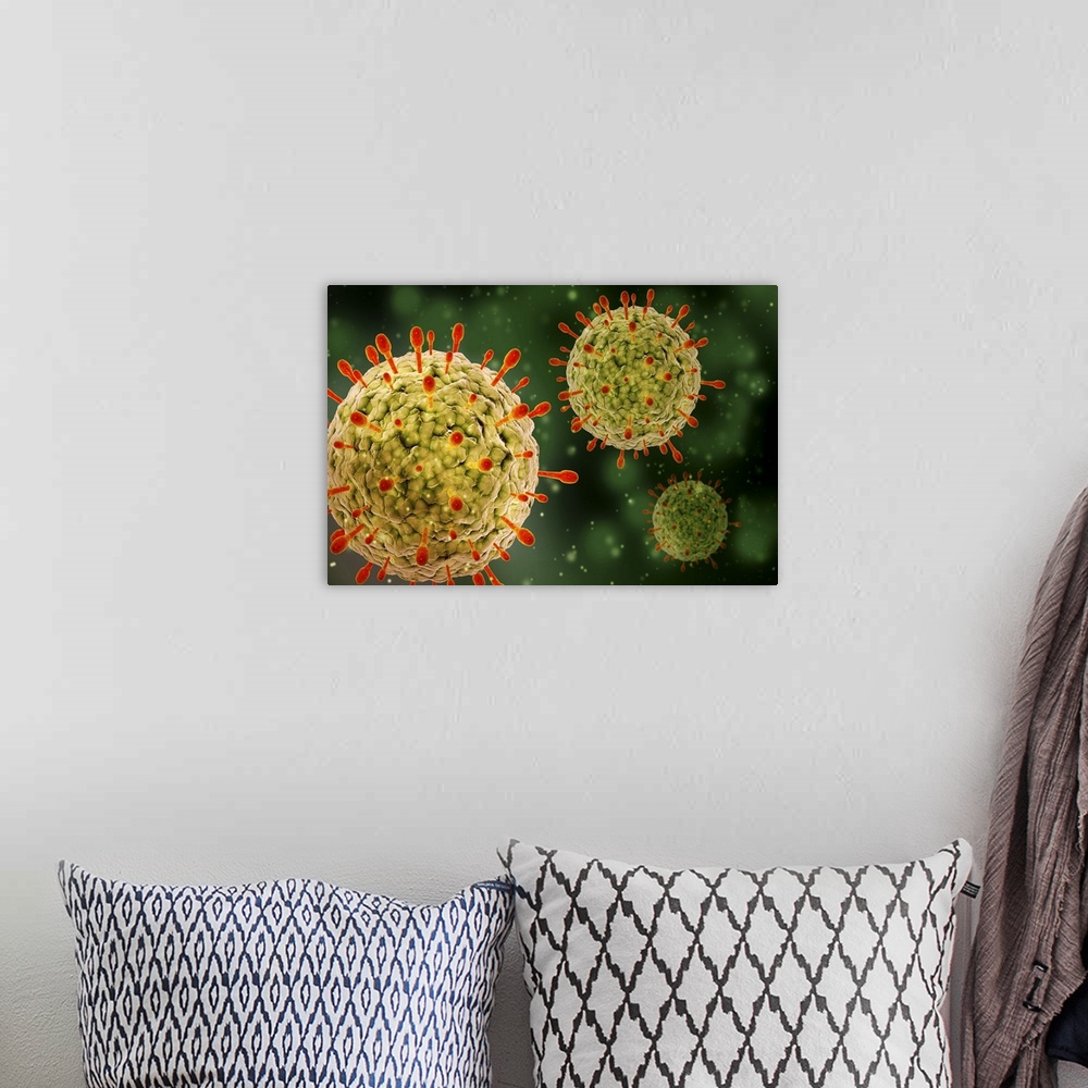 A bohemian room featuring Microscopic view of herpes virus.