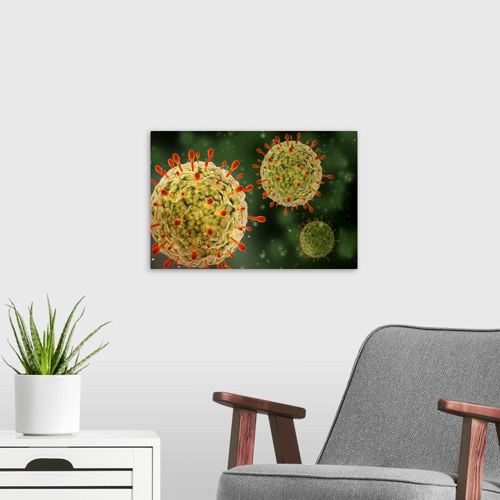 A modern room featuring Microscopic view of herpes virus.