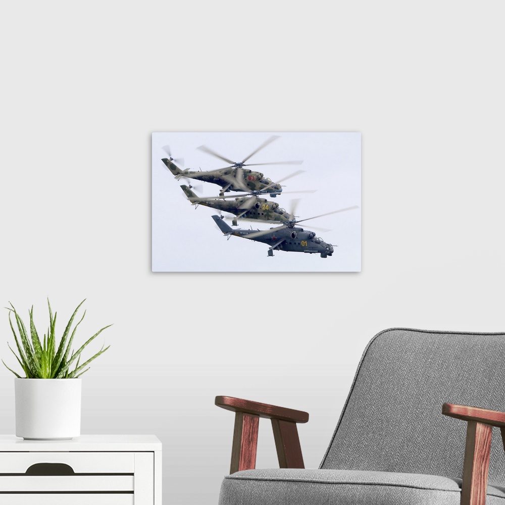 A modern room featuring Mil Mi-24P attack helicopters of the Russian Air Force, Torzhok, Russia.