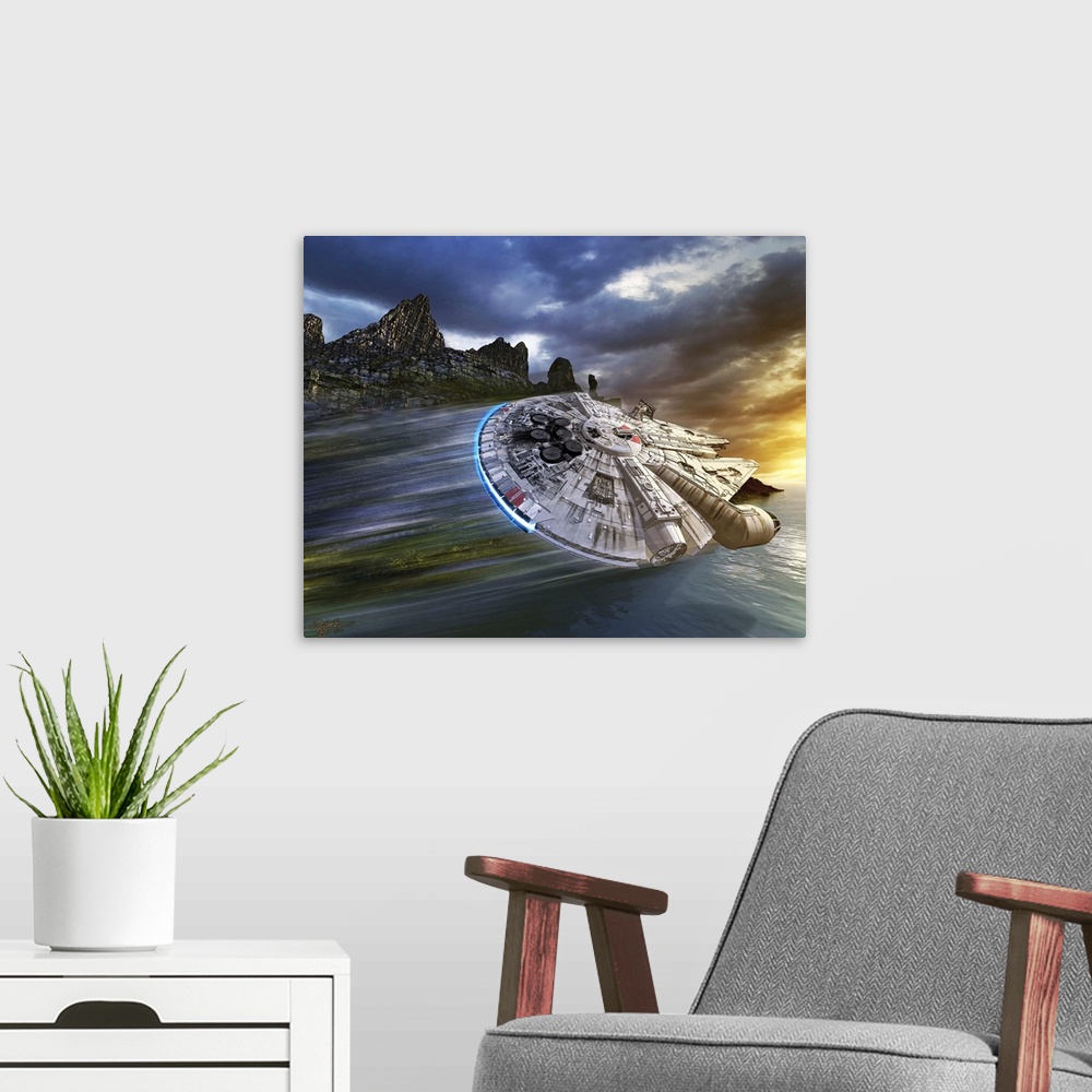 A modern room featuring Rey piloting the Millennium Falcon over the ocean on an alien planet.