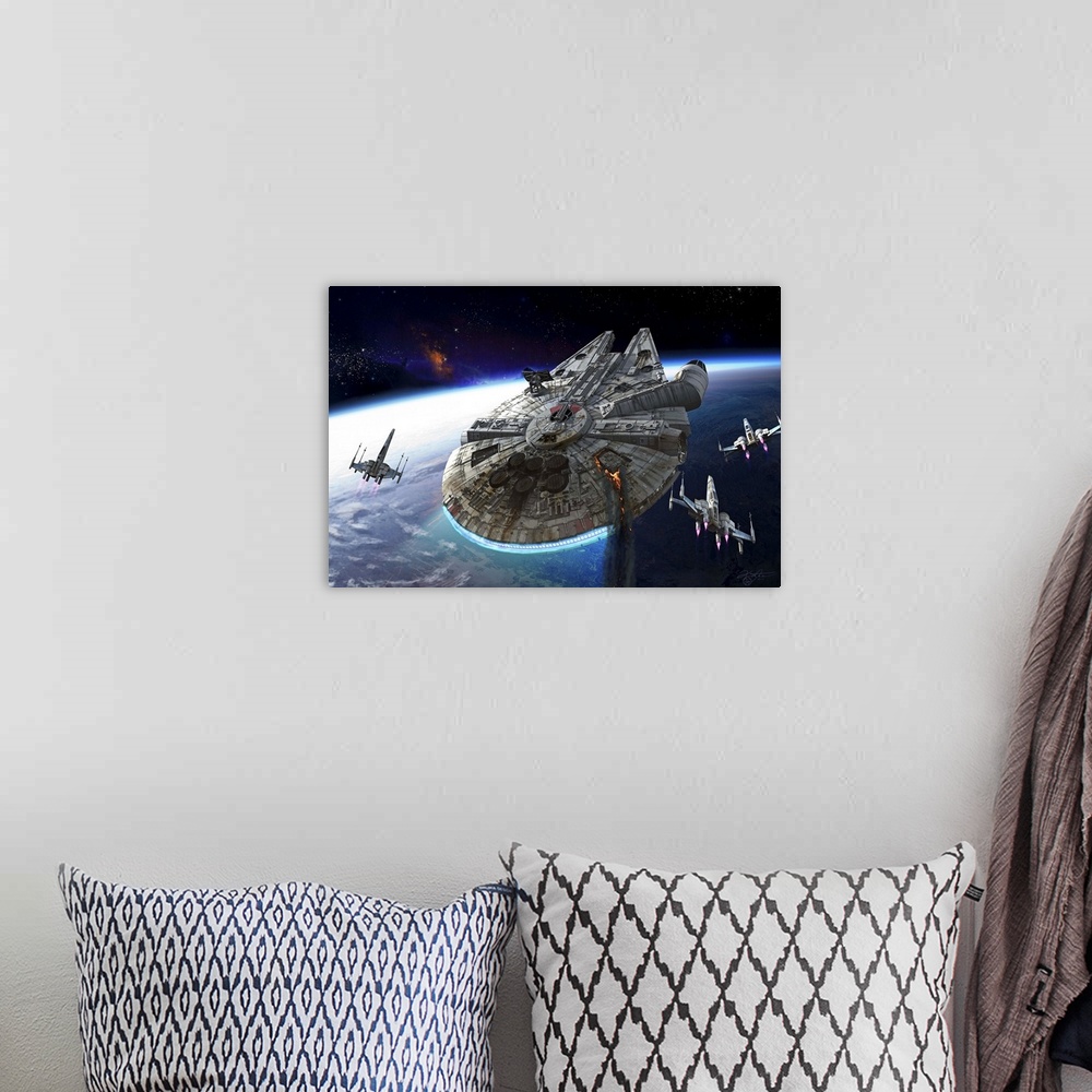 A bohemian room featuring The Millennium Falcon flying over a planet with three X-Wings.