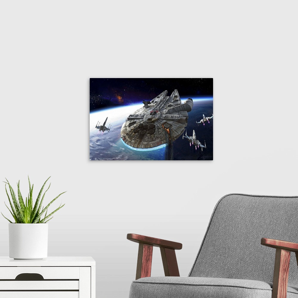 A modern room featuring The Millennium Falcon flying over a planet with three X-Wings.