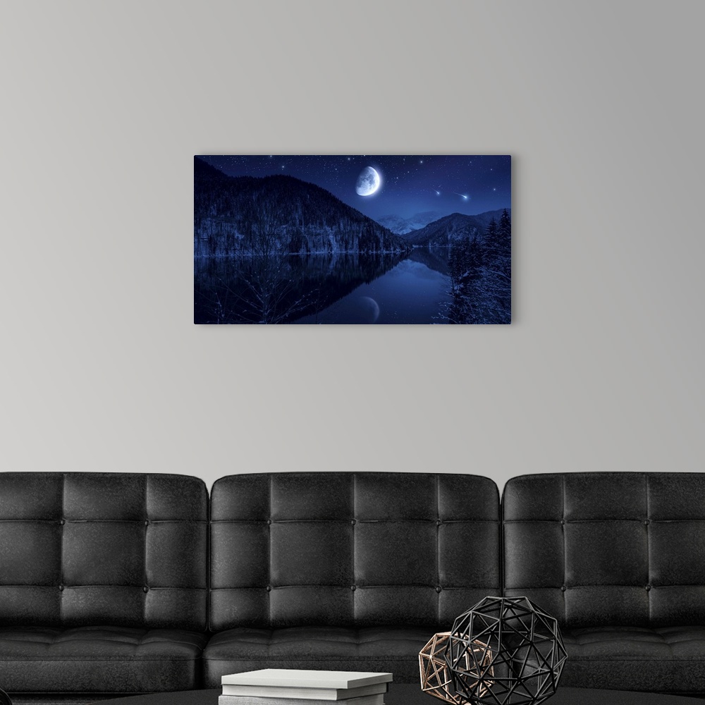 A modern room featuring Moon rising over tranquil lake in the misty mountains against starry sky.
