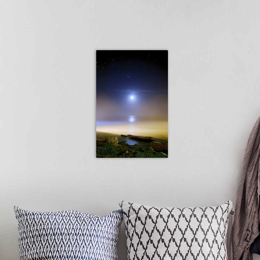 A bohemian room featuring Moonset over the sea with Pleiades M45 cluster