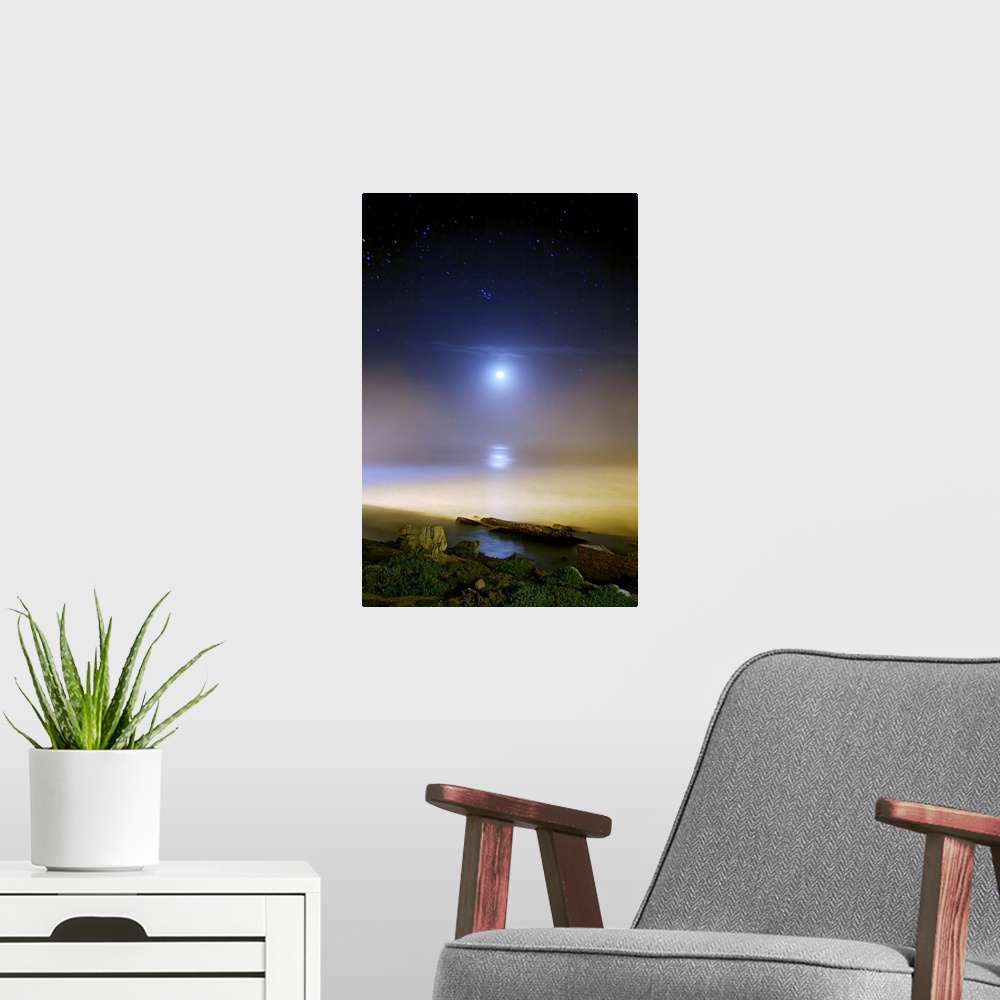 A modern room featuring Moonset over the sea with Pleiades M45 cluster