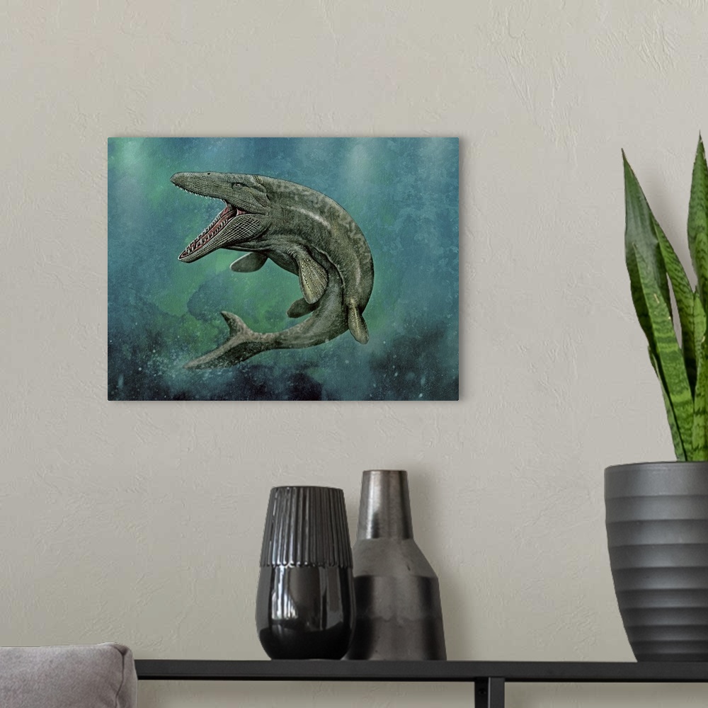 A modern room featuring Mosasaurus swimming.