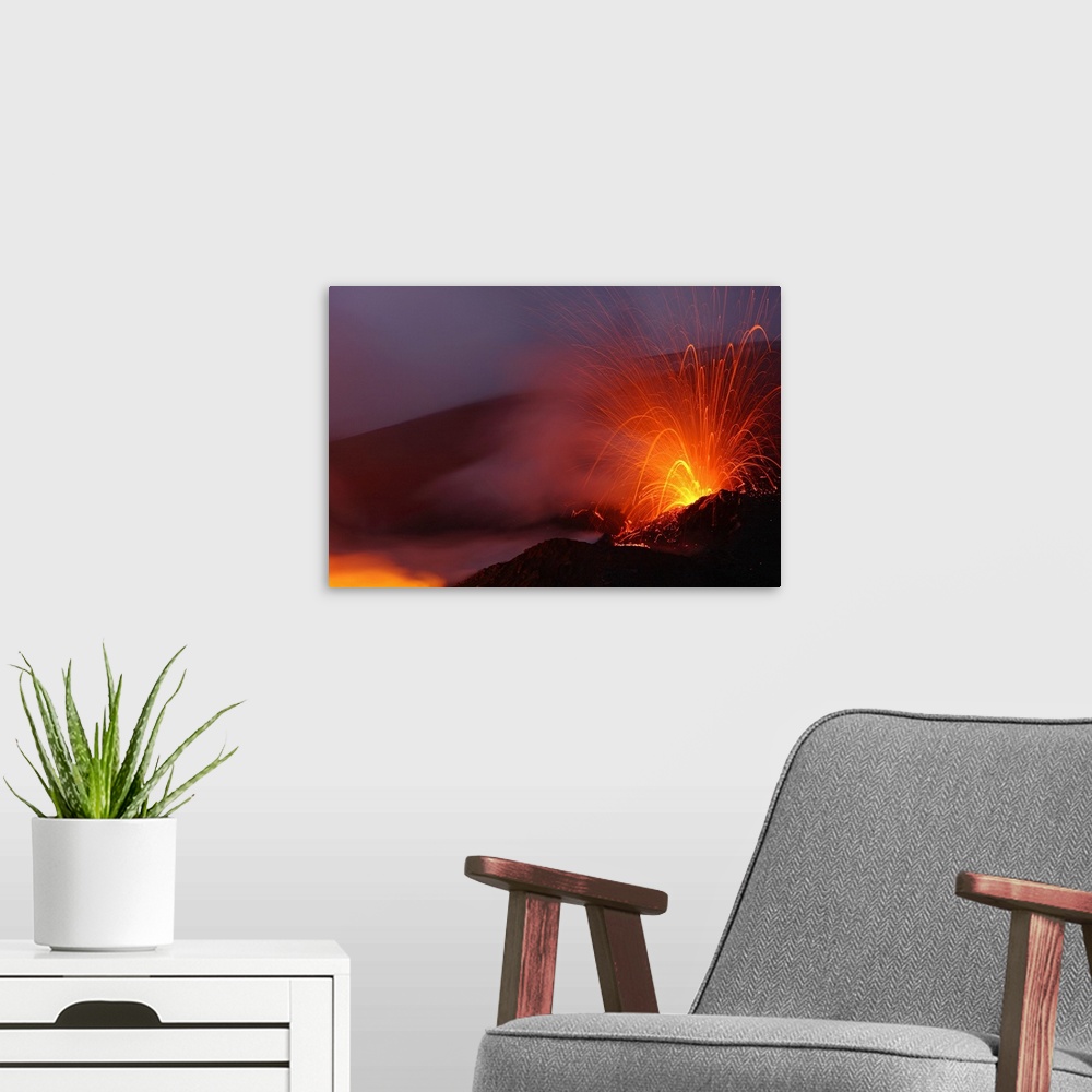 A modern room featuring Mount Etna eruption Sicily Italy