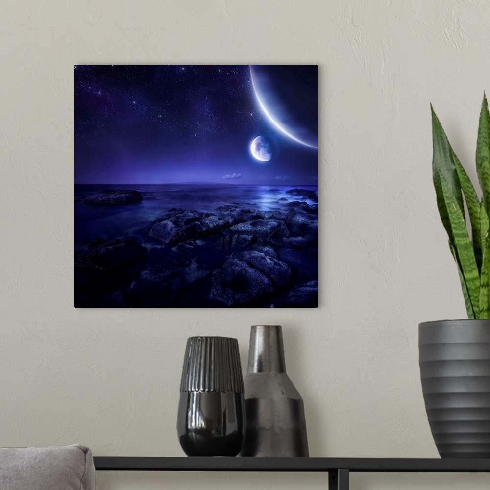 A modern room featuring Nearby planets hover over the ocean on this world at night.
