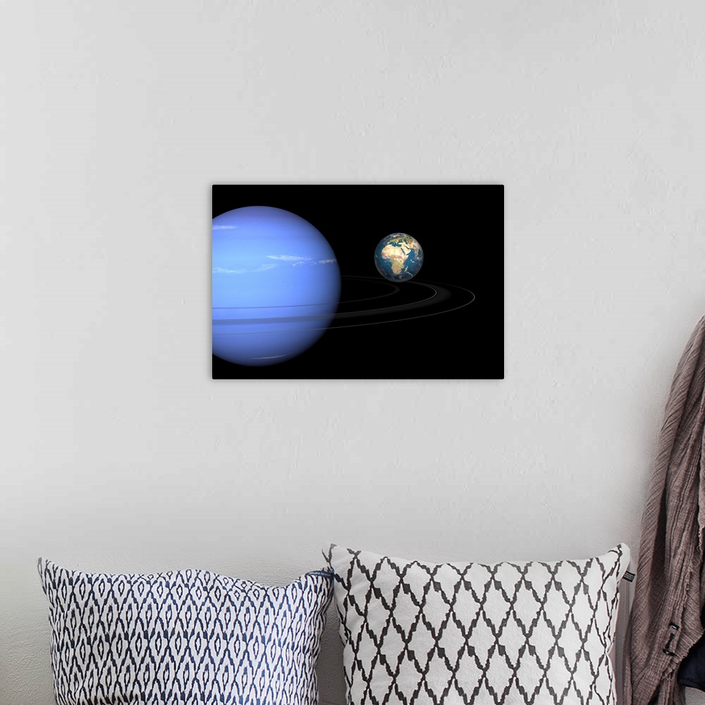 A bohemian room featuring Artist's concept of Neptune and Earth.