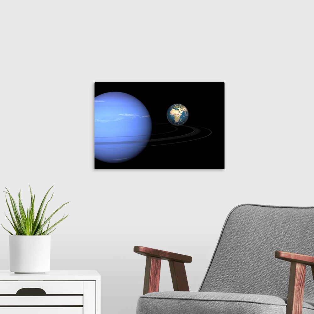 A modern room featuring Artist's concept of Neptune and Earth.
